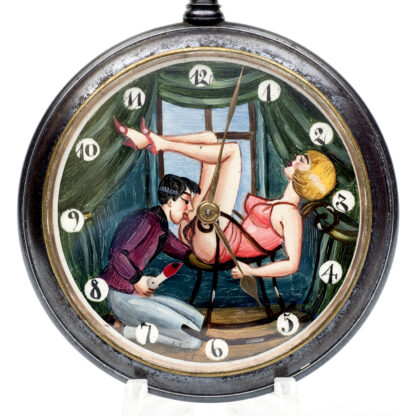 Reloj Erótico de Bolsillo, lepine y remontoir. Automatón. Acero pavonado. Suiza, ca. 1920.