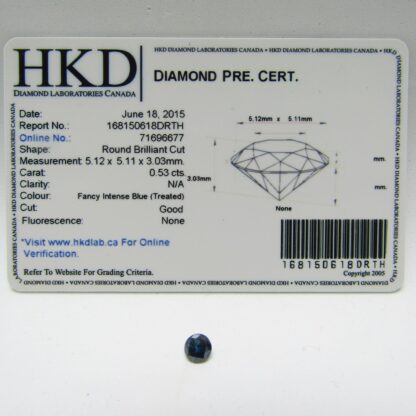 Diamante Natural de 0,53 ct. Talla: Brillante. Color: Fancy Intense Blue. Pureza: N/A.