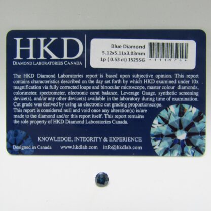 Diamante Natural de 0,53 ct. Talla: Brillante. Color: Fancy Intense Blue. Pureza: N/A.